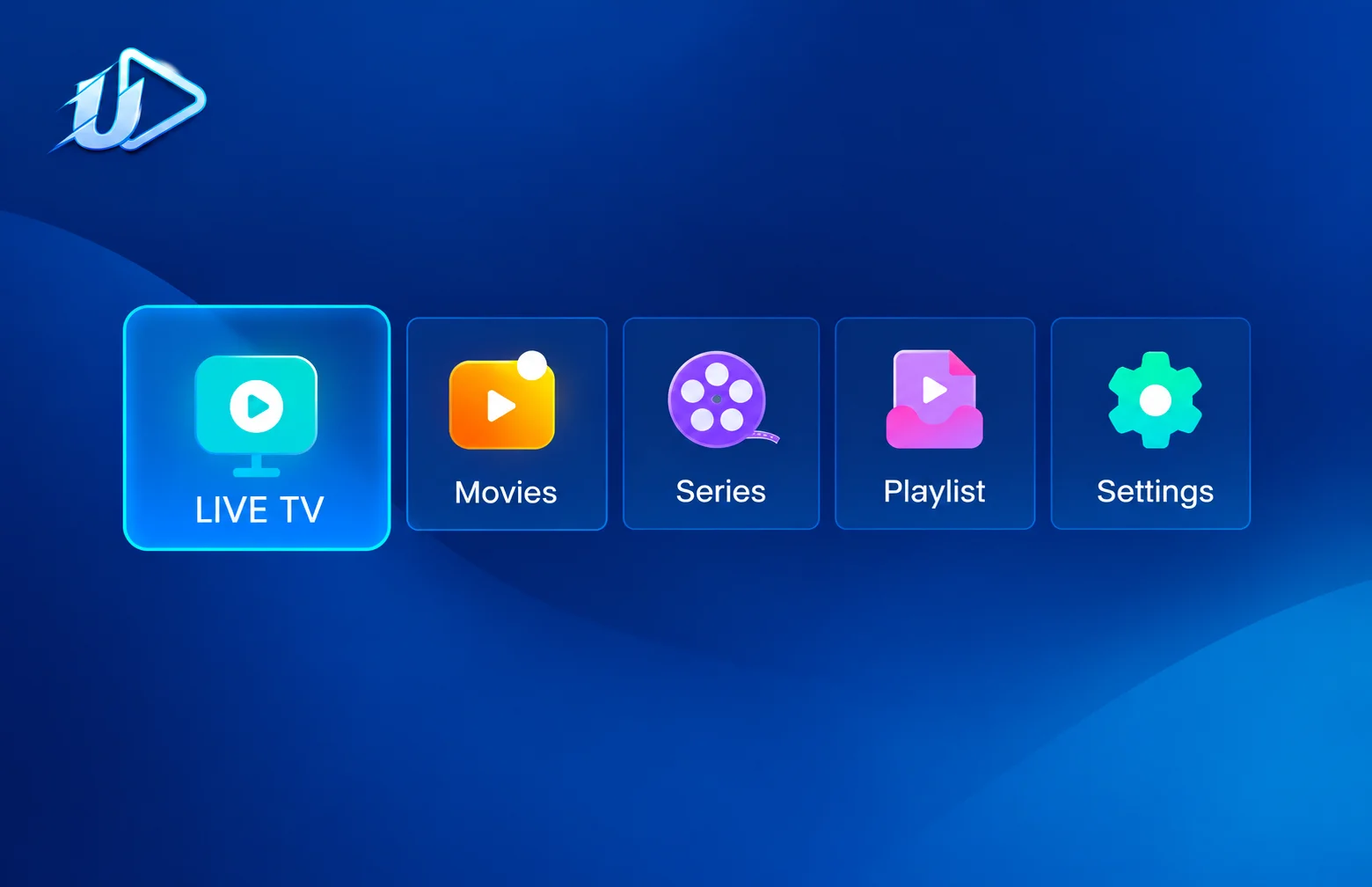 Tela do aplicativo Ultra Player exibindo canais, filmes e séries organizados por categoria